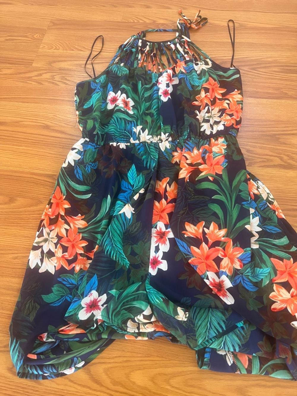 Candie's Navy Halter Romper with Orange, White & Green Floral Print